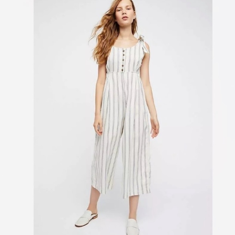 Free People Cotton Blue Striped Cropped Jumpsuit